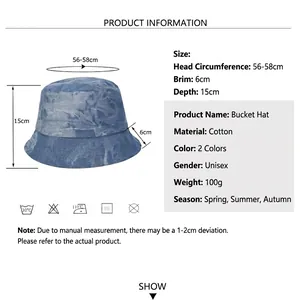 Vintage tie-dye cotton bucket hat with washed blue denim style and size specifications