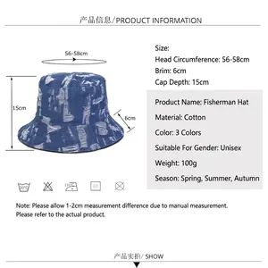 Size chart for breathable denim cotton bucket hat with distressed details for travel