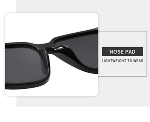 Détail des plaquettes de nez ergonomiques intégrées sur lunettes de soleil carrées noires