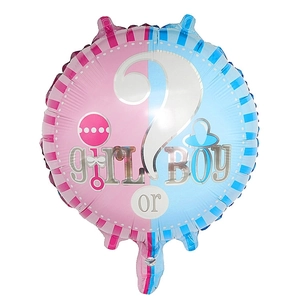 Round Boy or Girl gender reveal foil balloon with pink and blue halves on white background