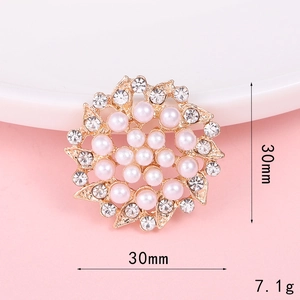 Golden flower brooch with pink pearls and white rhinestones, 30mm diameter DIY accessory