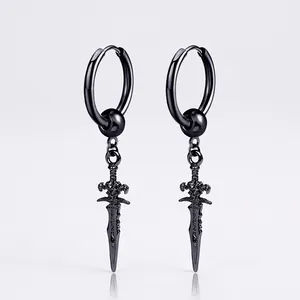 Retro Gothic Punk Sword Dagger Pendant Hoop Earrings Titanium Steel Hip Hop Jewelry For Men Women