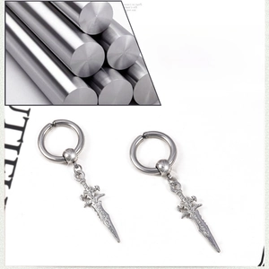 Detail of titanium steel sword earrings showcasing high polished silver finish and texture