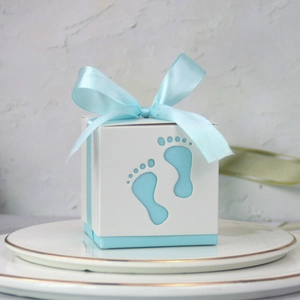 European hollow baby footprint candy box with blue ribbon for newborn shower gifts