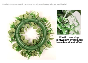 Detail view of artificial eucalyptus wreath with two-tone green leaves and plastic base