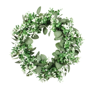 Artificial eucalyptus wreath with green leaves and white flowers for front door decor