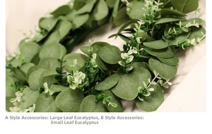 Detail showing artificial eucalyptus leaves in two styles with realistic grey-green textures
