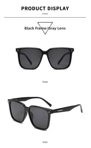 Vues frontale et latérale de lunettes de soleil carrées noires avec verres gris et charnières