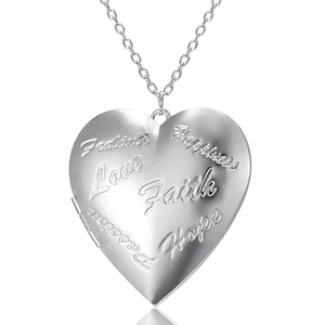 Silver heart locket necklace engraved with inspirational words on white background