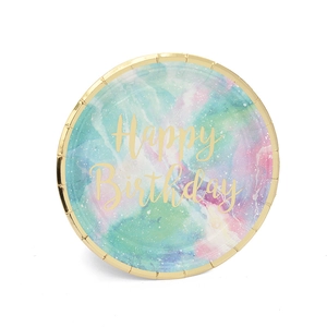 Pastel marble paper plates with gold border and Happy Birthday text for party