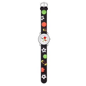 Detailed view of kids' sports watch with 3D relief soccer and basketball patterns