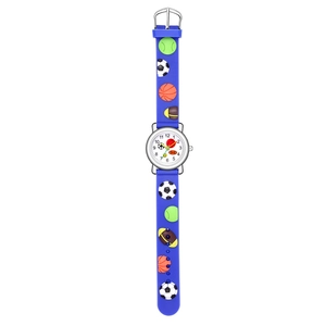 Detailed view of blue kids watch strap featuring 3D embossed sports ball patterns
