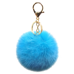 Blue faux rabbit fur keychain with 8cm plush ball and golden metal lobster clasp