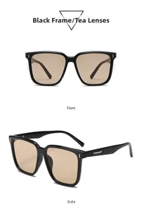 Vue de face et de profil de lunettes de soleil noires oversize avec verres thé et métal