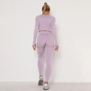 Seamless lavender yoga set featuring long sleeve crop top and high waist leggings