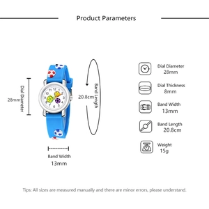 Detailed specs of kids football watch featuring blue 3D relief strap and 28mm dial