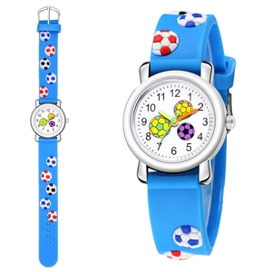 Kids sports quartz watch with 3D embossed football blue silicone strap and white dial