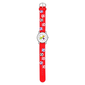 Close-up of red children's watch with 3D soccer pattern on strap and white dial face