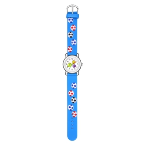 Close-up of bright blue kids watch with 3D soccer patterns and easy-read dial