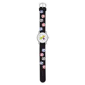 Detailed close-up of soccer themed kids watch with 3D embossed strap and clear numerals