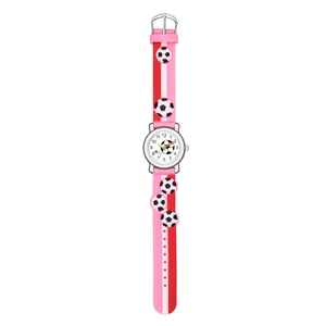 Detail of 3D football pattern on pink and red embossed silicone strap of kids watch