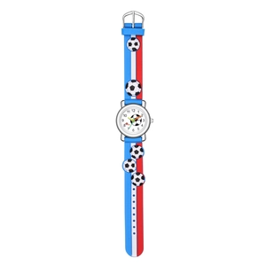 Detail of kid's watch with 3D soccer relief straps and white Arabic numeral dial