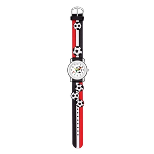 Detailed view of the 3D football relief on a durable red and black silicone kids' watch strap