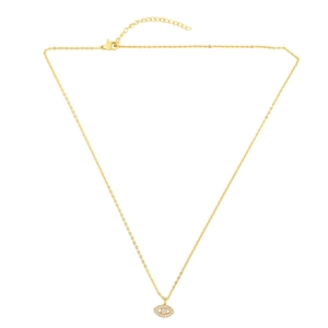 Detailed view of gold-plated evil eye pendant necklace with white zircon settings