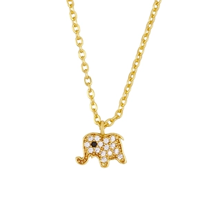 Detail of a gold elephant pendant with sparkling crystals and black eye on a fine chain