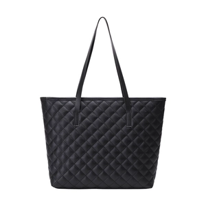 Large black quilted tote bag with diamond lattice pattern and long shoulder straps