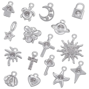 Set of 15 silver DIY pendants with micro-pave zircons in star, moon, and heart shapes