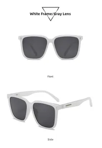 Vue détaillée des lunettes de soleil carrées rétro avec monture blanche et détails argentés