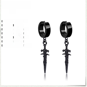 Macro detail of black stainless steel cross sword earring with precise dimensions and weight