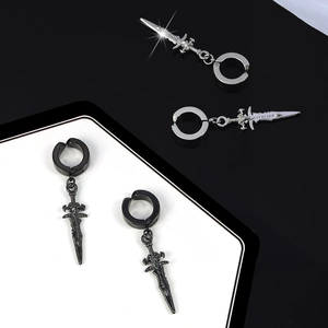 Gothic sword cross drop earrings for men and women in polished black and silver steel
