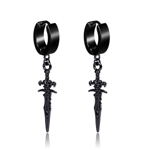 Pair of hip-hop style black metal hoop earrings featuring a dagger sword pendant