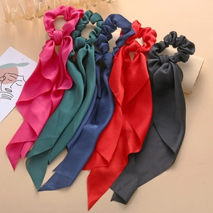 Five-color silky satin scrunchie set with long ribbons in navy, green, red, and black