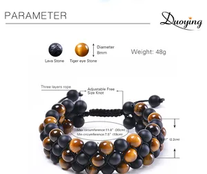 Detailed size chart for triple-layer natural tiger eye and lava stone adjustable bracelet