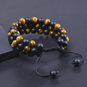 Three-layer adjustable woven bracelet with natural tiger eye and matte black stone beads