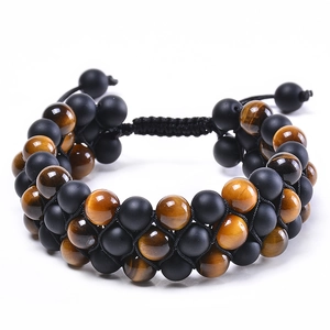 Triple Layer Braided Bracelet Natural Tiger Eye And Matte Lava Stone Beads Adjustable Rope Men Unisex Fashion Jewelry