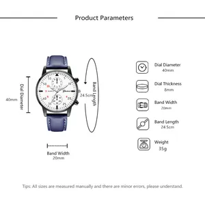 Detailed size specifications for Geneva men's leather watch with 40mm black dial