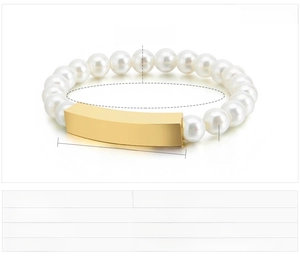 Detail view of pearl beaded bracelet with polished stainless steel bar and measurements