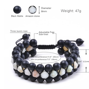 Three-layer braided bead bracelet with matte black stones and colorful amazonite beads