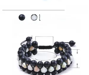 Three-layer braided bracelet with 8mm black matte stones and faceted Amazonite beads