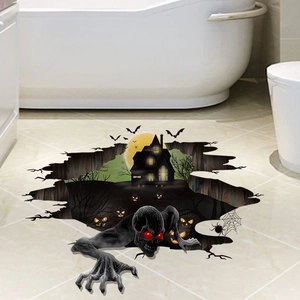 3D Halloween floor decal featuring a spooky castle, pumpkins, and bats on a bathroom floor