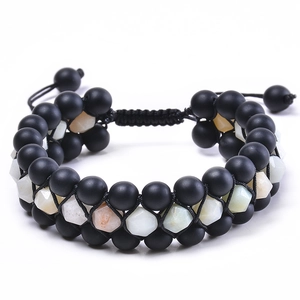 Multi Layer Beaded Bracelet Amazonite Tiger Eye Natural Stone Faceted Matte Beads Adjustable Braided Rope Unisex Jewelry