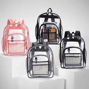 Detail view of pink, black, and gray waterproof PVC backpacks with mesh side pockets