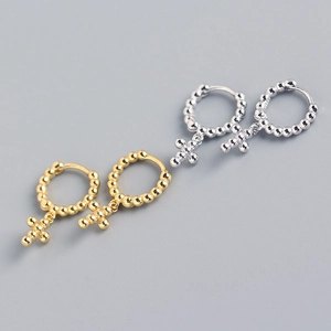 Minimalist S925 sterling silver hoop earrings with small cross charms in gold and silver finish