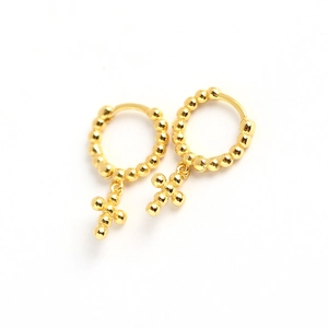925 sterling silver hoop earrings with gold bead texture and cross pendant drop