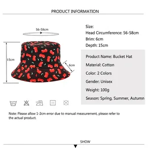 Chapeau bob réversible en coton à motif cerises avec tableau des tailles détaillé