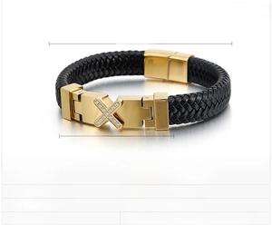 Men's leather cross bracelet 215mm length with magnetic clasp and zircon inlay details